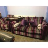 A purple and grey striped two seater bed settee, with matching armchair