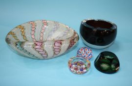 A Millefiori glass owl and three paperweights