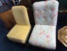 A floral upholstered bedroom chair and a yellow upholstered chair