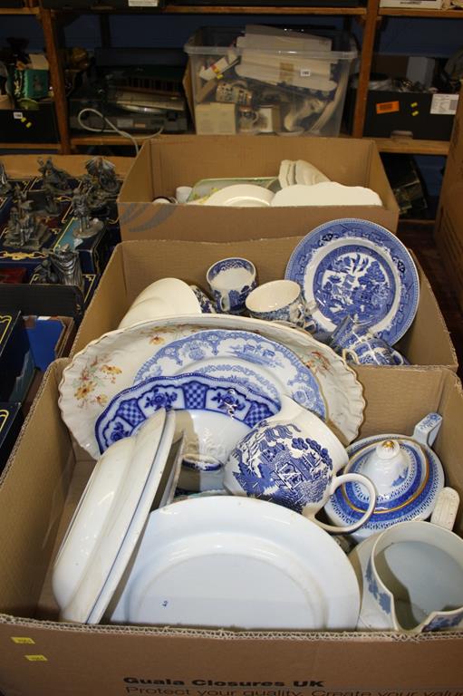 Three boxes of assorted blue and white china