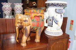 A pottery Elephant seat and a carved wood Elephant seat