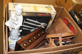 Box of assorted including a Blanc de Chine figure, binoculars etc.