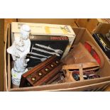 Box of assorted including a Blanc de Chine figure, binoculars etc.