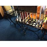 A pair of metal and glass occasional tables, a metalwork stand and a seat