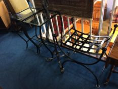 A pair of metal and glass occasional tables, a metalwork stand and a seat