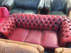 An oxblood Chesterfield three seater bed settee