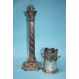 A silver plated Corinthian column table lamp and a plated wine bottle holder
