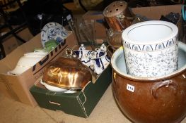 Two boxes of assorted, copper lamp, salt glaze pot etc.