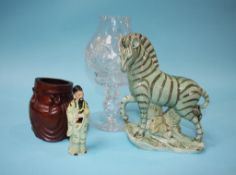 A carved Oriental brush set, a small Chinese pottery figure, a pottery Zebra etc.