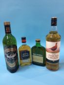 A bottle of Glenfiddich, Famous Grouse, Three Barrels and a bottle of White Mackay (4)