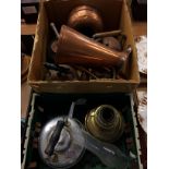 Two boxes of metalware, an oil lamp etc.