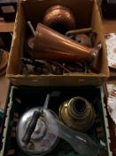 Two boxes of metalware, an oil lamp etc.