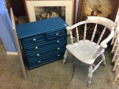 A painted chest of drawers, mirror and a Smokers bow chair