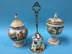 A Capodimonte vase and cover, a hand bell and a cup and cover (3)