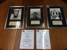 Three autographs; Julie Andrews, Doris Day and Judy Garland, all framed, with two certificates