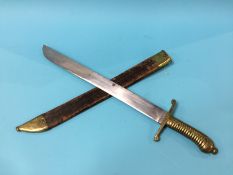 An unmarked German short sword and leather scabbard