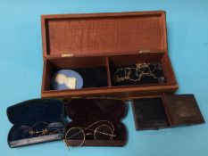Box of assorted, including pair of daguerreotypes, spectacles etc.