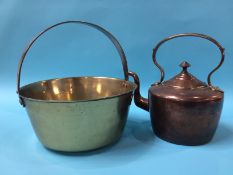 A brass jam pan and a 19th century copper kettle