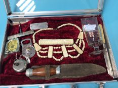 Tray of assorted, engraved glass, Bowie knife etc.