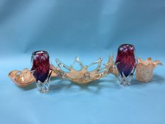 A five piece Murano glass set and two Murano style purple and red glass vases