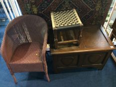 A Lloyd Loom chair, blanket box and a stool