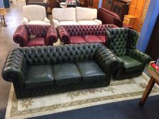 A green Chesterfield three seater settee and armchair