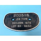 A railway smoke plate 200516, 28 ton Shildon 1974, lot no. 3832