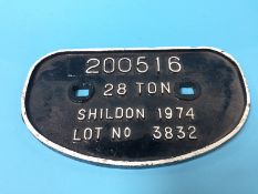 A railway smoke plate 200516, 28 ton Shildon 1974, lot no. 3832