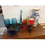 A collection of studio glass and an Oriental vase