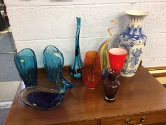 A collection of studio glass and an Oriental vase