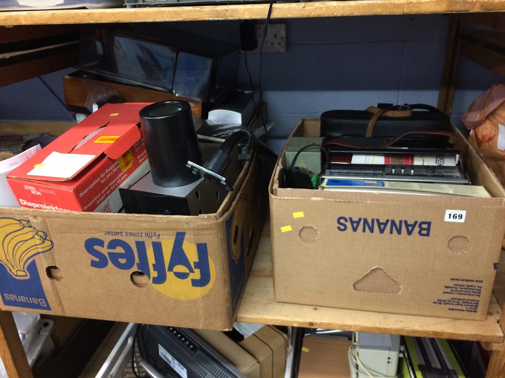 Three boxes of assorted, to include radio and slide projector etc.