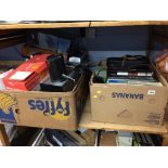 Three boxes of assorted, to include radio and slide projector etc.