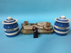 A Petit Point dressing table set, T. and G. Green jars etc.