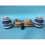 A Petit Point dressing table set, T. and G. Green jars etc.