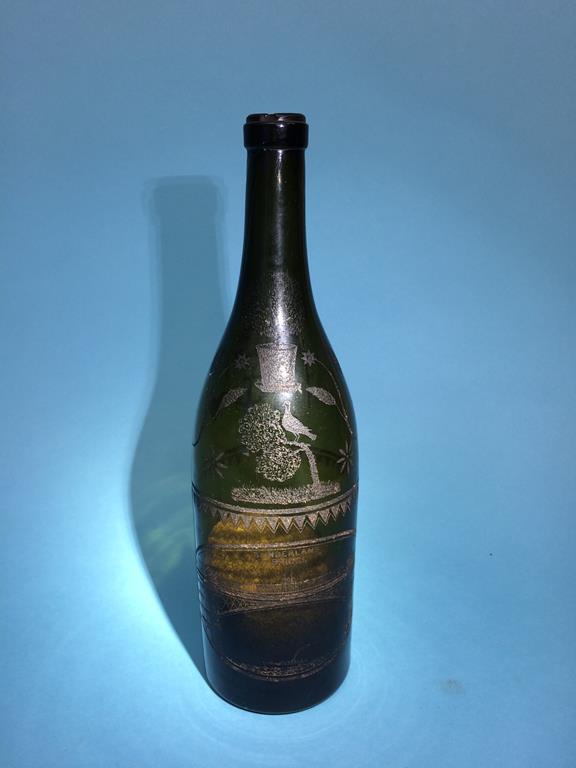 Antique bottle, etched with local scenes, including Sunderland Bridge etc.