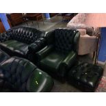 A green Chesterfield style three seater settee, armchair and footstool