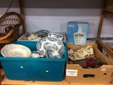 Three boxes of assorted, to include blue and white china etc.