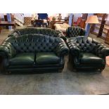 A green Chesterfield style two seater settee and armchair