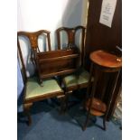 A pair of Edwardian chairs, magazine rack and a pedestal