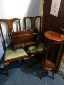 A pair of Edwardian chairs, magazine rack and a pedestal