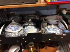 Three boxes of blue and white china