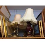 A quantity of table lamps and prints