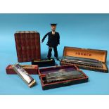 A German tin plate clockwork sailor and harmonica etc.