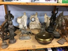 A warming pan, spelter figures etc.