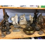 A warming pan, spelter figures etc.