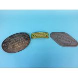 Three wall plaques, 'Lainchbury and Son Engineers, Kingham, England', 'Wm Rigley and Sons Ltd, Lot