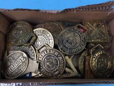 A collection of brass horse brasses and steam show badges etc.