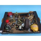 A tray of assorted collectables, including Fire Helmet, ink well, miniature machine gun, miniature