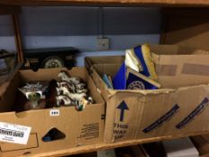 Three boxes of assorted, to include Masonic Regalia, reproduction Staffordshire figures and a mantle