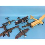 Six scratch built wooden World War I and World War II RAF and German war planes